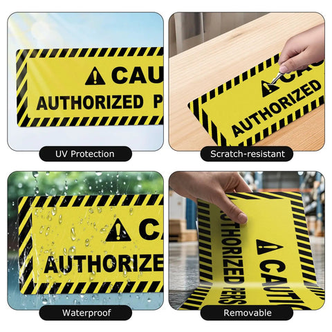 Five Pack Authorized Personnel Only Floor Stickers 24 By 6 Inches Caution Sign Self Adhesive Vinyl Waterproof For Construction Sites Warehouses And Workplaces, showing close-up of durable, scratch-resistant material and installation in various conditions.