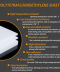 Diagram showcasing PTFE Sheets 200 X 200 Mm with properties like high temperature resistance and durability, highlighting Teflon features.