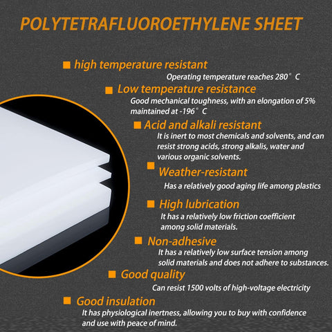 Diagram showcasing PTFE Sheets 200 X 200 Mm with properties like high temperature resistance and durability, highlighting Teflon features.