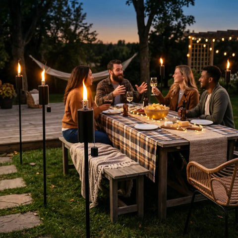 Friends enjoying evening talks on patio with 55 Inch Outdoor Oil Torch Lamps Four Pack Rustproof Stainless Steel Citronella Torches.