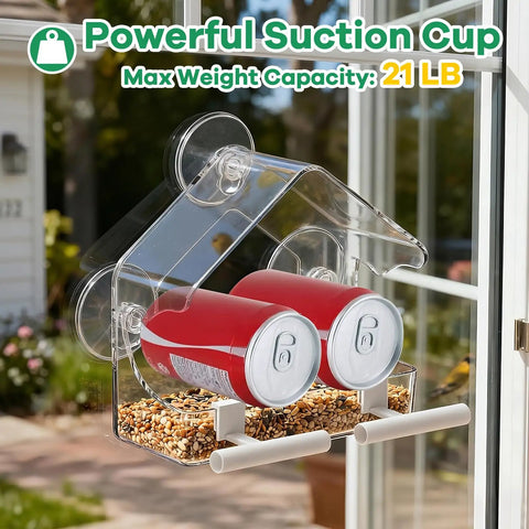 Clear Window Bird Feeder With Strong Suction Cups Acrylic Window Feeder showing two cans for weight capacity demonstration