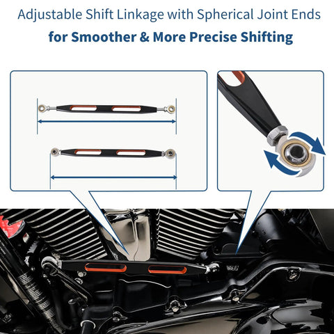 Shift Linkage Shifter For Harley Touring Motorcycles Softail Dyna Street Glide Road King Electra Glide Trike 1980 To 2024 Two Tone Black Orange Design Durable Aluminum Construction Easy Install, black orange aluminum linkage on bike