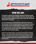 Pyramyd Air who we are section with company mission and history text displayed against a black and white background.
