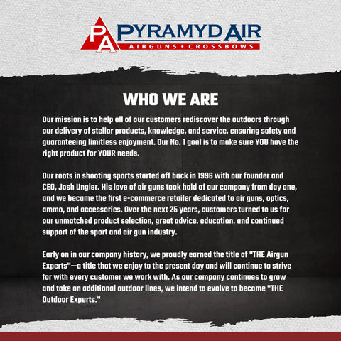 Pyramyd Air who we are section with company mission and history text displayed against a black and white background.
