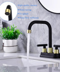 Two Handle Brushed Gold And Black Bathroom Faucet With Pop Up Drain 4 Inch Centerset 3 Hole Sink Faucet 360 Swivel Spout
