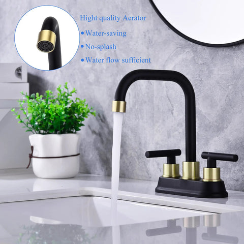 Two Handle Brushed Gold And Black Bathroom Faucet With Pop Up Drain 4 Inch Centerset 3 Hole Sink Faucet 360 Swivel Spout
