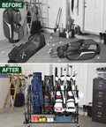Before and after of Four Golf Bag Storage Organizer Stand, Extra Large Golf Bag Rack For Garage And Basement with organized bags.