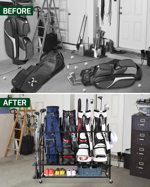 Before and after of Four Golf Bag Storage Organizer Stand, Extra Large Golf Bag Rack For Garage And Basement with organized bags.