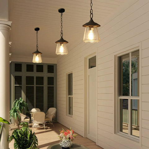 Farmhouse Outdoor Pendant Lights With Painted Black Metal And Clear Bubbled Glass Globes Durable Hanging Lantern For Gazebo Entry Yard Porch Rustic Exterior Lighting Easy Installation displayed on porch
