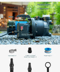 Diagram showing components of 1.5HP Grab And Go Portable Garden Booster Pump With Prefilter, includes clamp and hose adapter