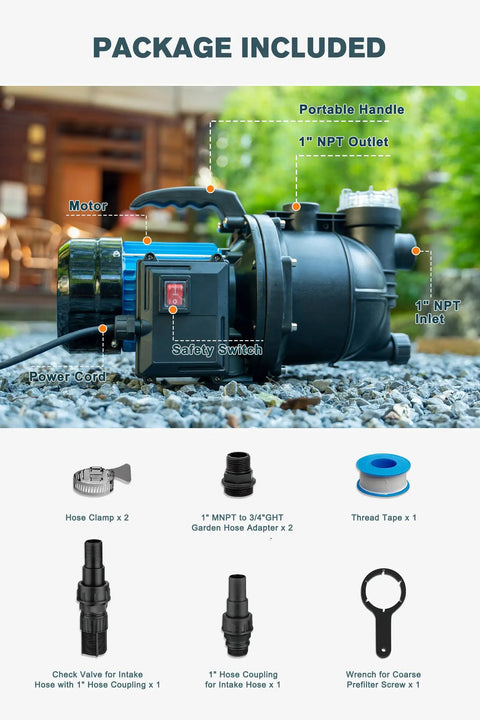Diagram showing components of 1.5HP Grab And Go Portable Garden Booster Pump With Prefilter, includes clamp and hose adapter