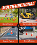 Collage of multifunctional uses of 18 Inch Orange Traffic Cones 6 Pack With Handle, Reflective 360 Degree Collar for parking, sports, and safety.