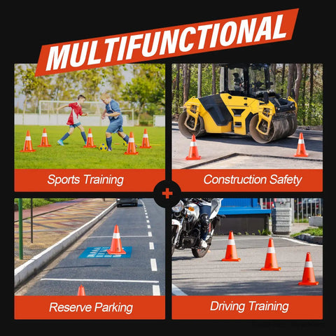 Collage of multifunctional uses of 18 Inch Orange Traffic Cones 6 Pack With Handle, Reflective 360 Degree Collar for parking, sports, and safety.