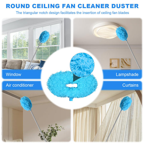 Round Ceiling Fan Cleaner Duster With Adjustable Extension Pole And Interchangeable Head Cleaning Windows, Lampshades, and Curtains