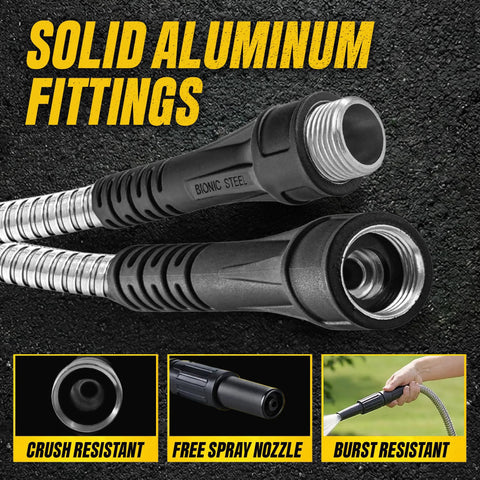 BIONIC STEEL 50 ft metal garden hose with spray nozzle; aluminum fittings, black body.