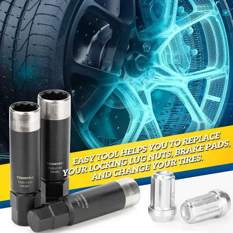 10 Spline Lug Nut Socket Kit For Bimecc 10 Spline Lug Nuts And Bolts Replacement Key in front of car wheel illustration