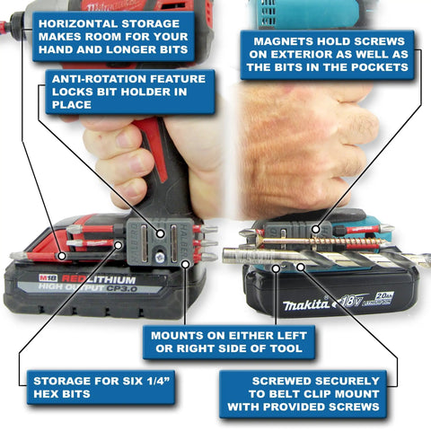 Universal Magnetic Bit Holder Two Pack For Drill Pros That Clamps To Belt Clip Or Screw And Lets You Mount Left Or Right Side Keeps Up To Five One Quarter Inch Bits On A Strong Neodymium Magnet Compatible With Milwaukee DeWalt Makita Bosch Ryobi
