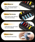 Waterproof 4 Circuit Fuse Panel showing six ATO blade fuses, black housing, and nickel plated terminals for easy wiring.
