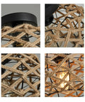 Close-up of woven hemp rope cage and rattan detail of Dope Boho Semi Flush Mount Ceiling Light With Woven Hemp Rope Cage And Rattan Wicker Rustic Charm, Perfect For Bedroom Hallway Kitchen Nursery Closet, Coastal Nautical Style Fixture For Modern Home Decor