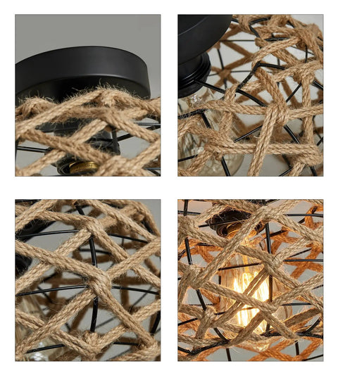 Close-up of woven hemp rope cage and rattan detail of Dope Boho Semi Flush Mount Ceiling Light With Woven Hemp Rope Cage And Rattan Wicker Rustic Charm, Perfect For Bedroom Hallway Kitchen Nursery Closet, Coastal Nautical Style Fixture For Modern Home Decor