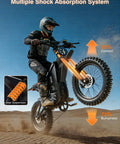 Rider jumping All Terrain Electric Dirt Bike For Adults And Teens With 4500W Peak Motor, showing suspension and comfort details on sandy trail