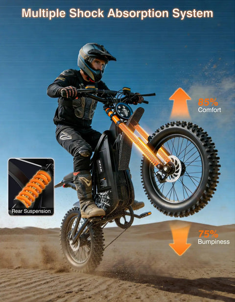 Rider jumping All Terrain Electric Dirt Bike For Adults And Teens With 4500W Peak Motor, showing suspension and comfort details on sandy trail