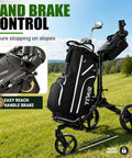All Terrain Golf Push Cart With 360 Degree Front Wheels And Handbrake, black three-wheel golf cart on grass with handbrake detail