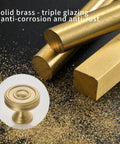 Solid Brass Cabinet Knobs Six Pack, Brushed Matte Gold Round Drawer Pulls, 1-1/4 Inch, shown with raw brass