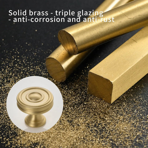 Solid Brass Cabinet Knobs Six Pack, Brushed Matte Gold Round Drawer Pulls, 1-1/4 Inch, shown with raw brass