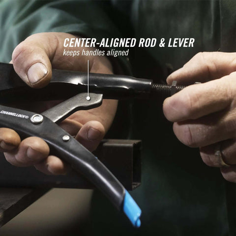 Person holding Eight Inch Sheet Metal Locking Pliers Model 108 8 with flat jaw, demonstrating center-aligned rod and lever feature.