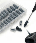 Emergency Tire Repair Screws For Tubeless Tires Quick Plug Kit to Seal Leaks In Minutes No Tire Removal Needed shown next to a tire.