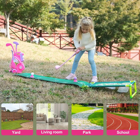 Girl playing with Toddler Golf Set For Boys And Girls Ages 2 3 4 With Upgraded Kids Golf Cart, Putting Mat, And Cornhole Board