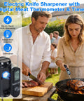 People using the Three In One Cordless Electric Knife Sharpener With Digital Meat Thermometer And Timer during a barbecue.
