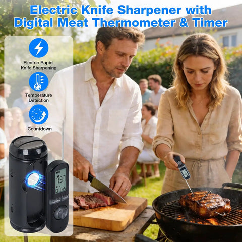 People using the Three In One Cordless Electric Knife Sharpener With Digital Meat Thermometer And Timer during a barbecue.