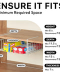 Hella Versatile Two Pack Under Shelf Wire Baskets White Metal Drop Down Organizers with fit measurements for kitchen use.