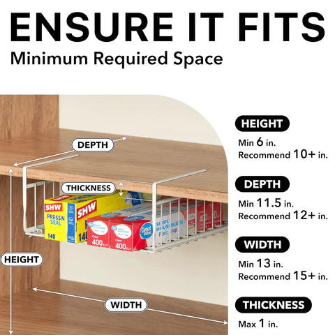 Hella Versatile Two Pack Under Shelf Wire Baskets White Metal Drop Down Organizers with fit measurements for kitchen use.