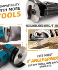 Three Inch HSS Circular Saw Blade With Three Eighth Inch Arbor 72 Tooth Multi Material Cutter shown with angle grinders