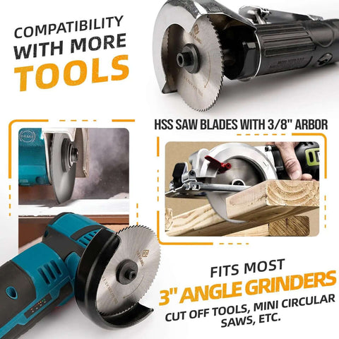 Three Inch HSS Circular Saw Blade With Three Eighth Inch Arbor 72 Tooth Multi Material Cutter shown with angle grinders