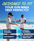 Two people assembling Replacement Beach Tent Poles For 10x10ft Beach Tent, 6.6ft Length, Aluminum, durable setup on sandy beach.