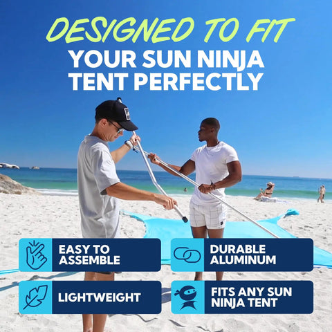 Two people assembling Replacement Beach Tent Poles For 10x10ft Beach Tent, 6.6ft Length, Aluminum, durable setup on sandy beach.