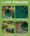 Heavy Duty Workhorse 24 Inch Compost Spreader With Push And Tow Handle Five Height Adjustable Powder Coated Steel Garden Spreader with fertilizer being poured, locked, and spreading on lawn.