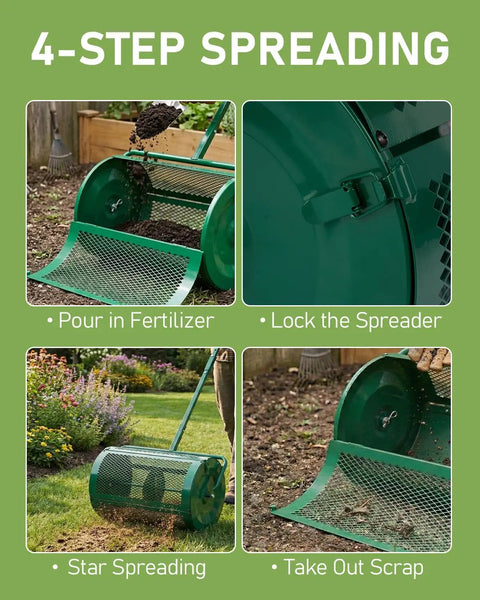 Heavy Duty Workhorse 24 Inch Compost Spreader With Push And Tow Handle Five Height Adjustable Powder Coated Steel Garden Spreader with fertilizer being poured, locked, and spreading on lawn.
