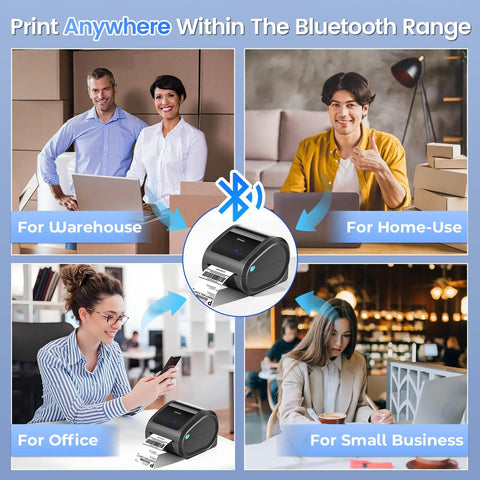 Bluetooth Thermal Shipping Label Printer For 4x6 Rolls And Wide Fan Fold Paper With Spacious Built In Storage Tray in various use cases.