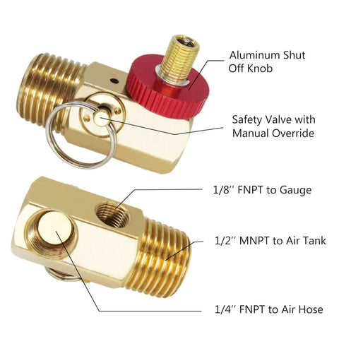 Heavy-Duty Air Tank Valve Kit Featuring Rock-Solid Aluminum Gauge And Durable Brass Manifold Alongside Four Foot PVC Hose Assembly For Rockin Portable Tank Repairs showing brass fittings with aluminum shut off knob.
