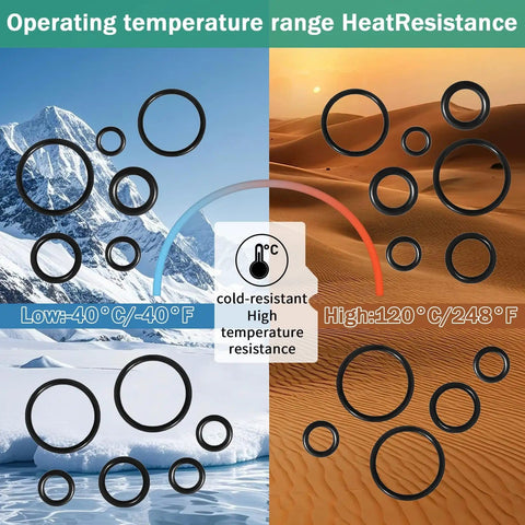 400 Piece Black O Ring Assortment Kit With 24 Metric Sizes Nitrile Rubber Gasket Set showing temperature range with snow and desert