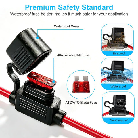 4 Pack Heavy Hitter 10 Awg Inline Fuse Holder 12V Waterproof With 24 Blade Fuses For Trucks Rv Off Road Led Bars Golf Carts And Slick High Amperage Circuit Upgrades, showing replaceable 40A fuse with waterproof cover.