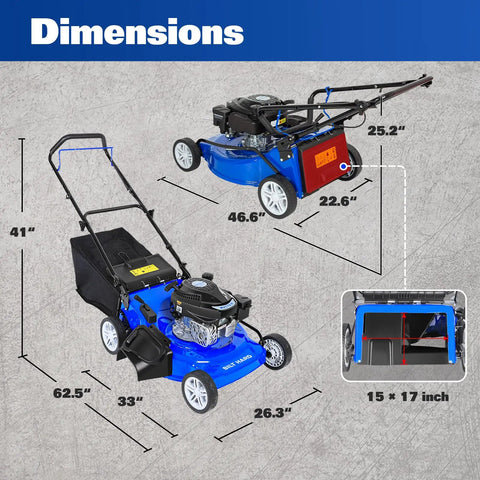 Powerful 21 Inch Gas Powered Lawn Mower With 201cc Engine Three In One Deck Mulching Bagging And Side Discharge shown with dimensions
