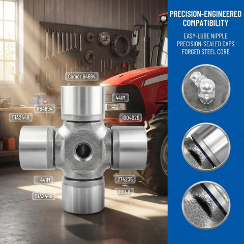 Beefy Universal Joint Kit For Tractor Driveshaft With Needle Bearing 441M Heavy Duty Alloy Steel Direct Fit Replacement in workshop