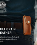 Tan Leather Multitool Holster For Suspension And Suspension NXT Belt Clip Pouch worn on a man's belt