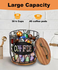 Large Capacity Coffee Filter Holder With Lid, Pod Organizer for K Cups and Filters, wood and metal container on countertop